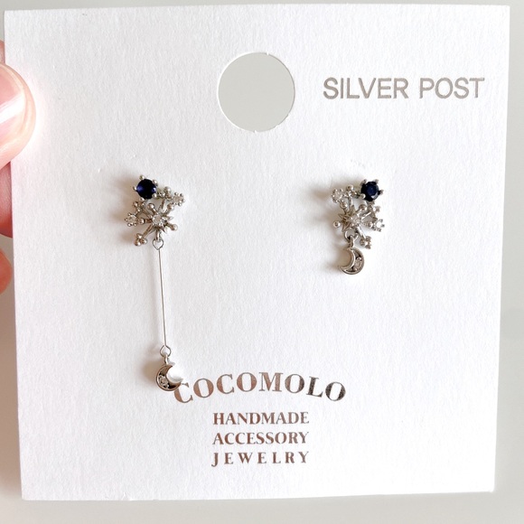 COCOMOLO Blue Rhinestones Moon silver earrings - Picture 1 of 2